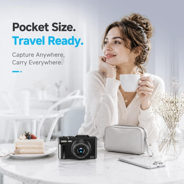 Alt view image 4 of 7 - 4K Digital Camera for Photography, 64MP Vlogging Camera with 180° Screen Compact Point And Shoot Camera With WiFi, 32GB Card, 2 Rechargeable Batteries, Portable Travel Camera, Black