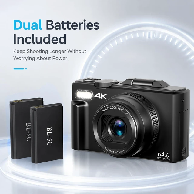 Alt view image 5 of 7 - 4K Digital Camera for Photography, 64MP Vlogging Camera with 180° Screen Compact Point And Shoot Camera With WiFi, 32GB Card, 2 Rechargeable Batteries, Portable Travel Camera, Black