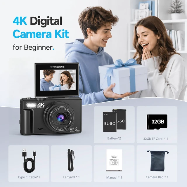 Alt view image 7 of 7 - 4K Digital Camera for Photography, 64MP Vlogging Camera with 180° Screen Compact Point And Shoot Camera With WiFi, 32GB Card, 2 Rechargeable Batteries, Portable Travel Camera, Black