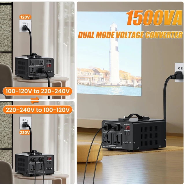 Alt view image 2 of 7 - 1500W Voltage Converter Transformer Step Up 110V/120V to220V/240V or Step Down 220V to 110V AC Power Converte, Circuit Breaker Protection, 2 US sockets, 2 Universal sockets, LCD Display