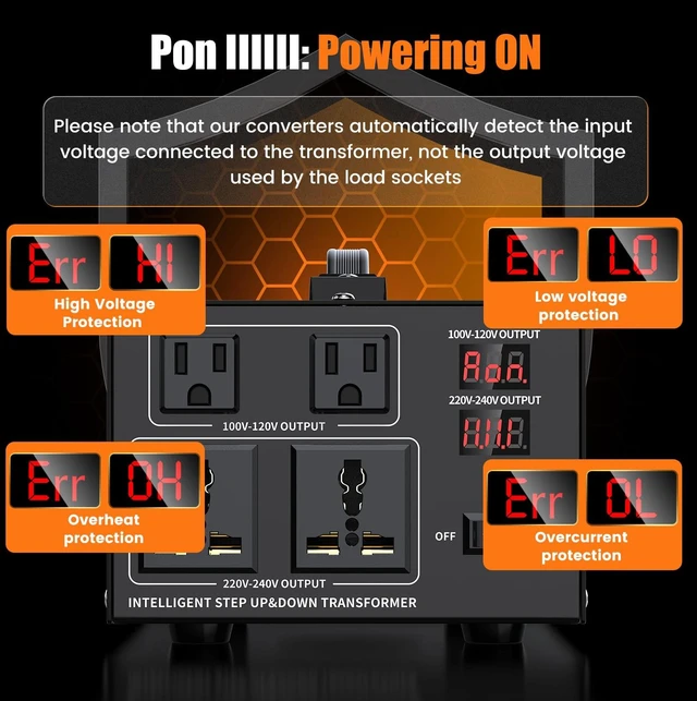 Alt view image 3 of 7 - 1500W Voltage Converter Transformer Step Up 110V/120V to220V/240V or Step Down 220V to 110V AC Power Converte, Circuit Breaker Protection, 2 US sockets, 2 Universal sockets, LCD Display