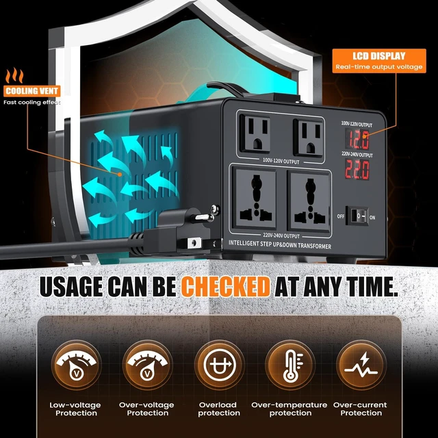Alt view image 5 of 7 - 1000W Voltage Converter Transformer Step Up 110V/120V to220V/240V or Step Down 220V to 110V AC Power Converte, Circuit Breaker Protection, 2 US sockets, 2 Universal sockets, LCD Display