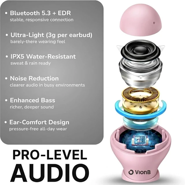 Alt view image 6 of 7 - VionB Air Invisible Earbuds Wireless Bluetooth 5.4 for Small Ears, Mini Tiny Ear Buds, IPX5 Waterproof, Sound Isolating Fit, ENC Mic for Clear Calls, Discreet in-Ear Headphones (Rose Quartz)