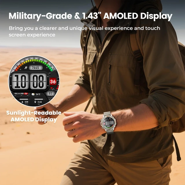 Alt view image 6 of 7 - Silver Smart Watch for Men, 1.43" AMOLED,5ATM Waterproof,170+ Sports Modes Round Health Fitness Tracker Watch, Tactical Military Smartwatch Compatible with iPhone Android