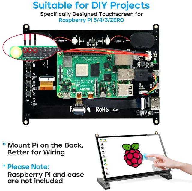 Alt view image 2 of 7 - 7" Touchscreen Monitor, 1024x600 IPS Raspberry Pi Screen, HDMI 5-Point Touch, Dual Speakers, Plug & Play, Pi 5/4/3/Zero, Home Assistant, Gaming, PC Sub-Monitor, 3 Display Modes, Easy Setup