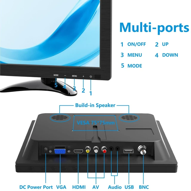 Alt view image 6 of 7 - 9.7 Inch Small Monitor 1024x768 Portable Monitor 4:3 Screen Display with HDMI VGA AV BNC USB Port, 60Hz, VESA, Built-in Speaker, Remote Control for PC Computer Laptop RasPi