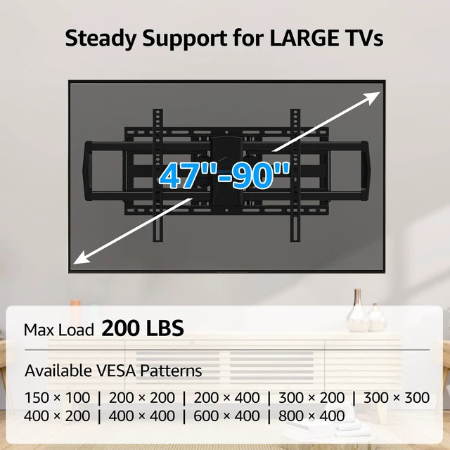 Alt view image 7 of 7 - Heavy Duty Full Motion TV Wall Mount for 47-90 inch Large TVs Fits 16-24" Studs, Max VESA 800x400mm, Holds 200 lbs, Articulating Extension, Swivel & Tilt, Preassembled