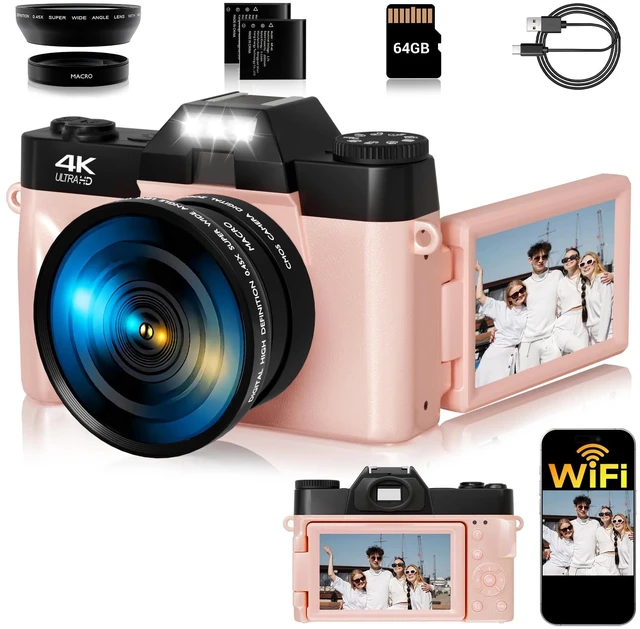 Main image of 4K Digital Camera for Photography,75MP WiFi Vlogging Camera for YouTube, 3" 180° Flip Screen Point and Shoot Camera with 64GB SD Card, 2 Batteries, Compact Travel Camera for Beginners (Pink)