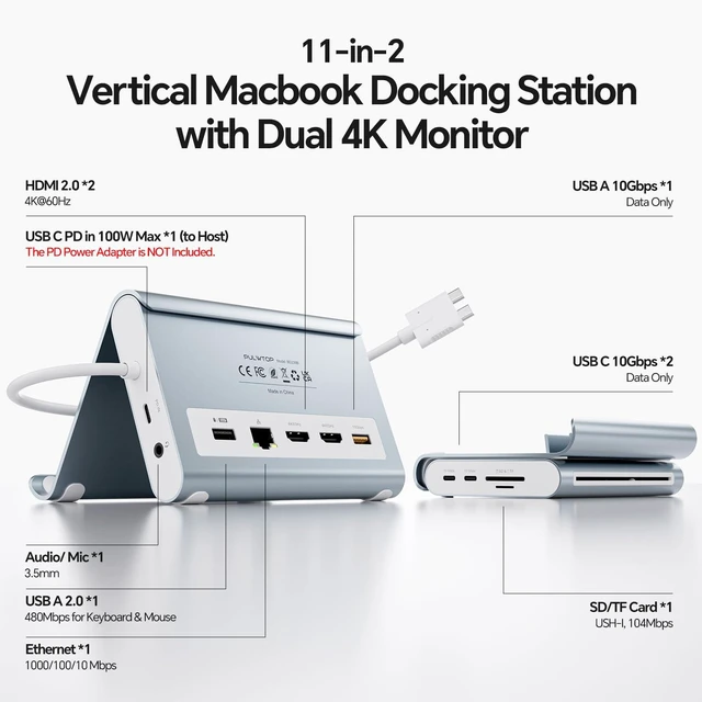 Alt view image 2 of 7 - MacBook Docking Station Dual Monitor 4K@60Hz for MacBook Pro/Air M4/M5 Macbook Pro Stand USB C Dock with 2 HDMI, Gigabit Ethernet, 3 USB 10Gbps, SD/TF, Audio,PD for Home & office, Sky Blue