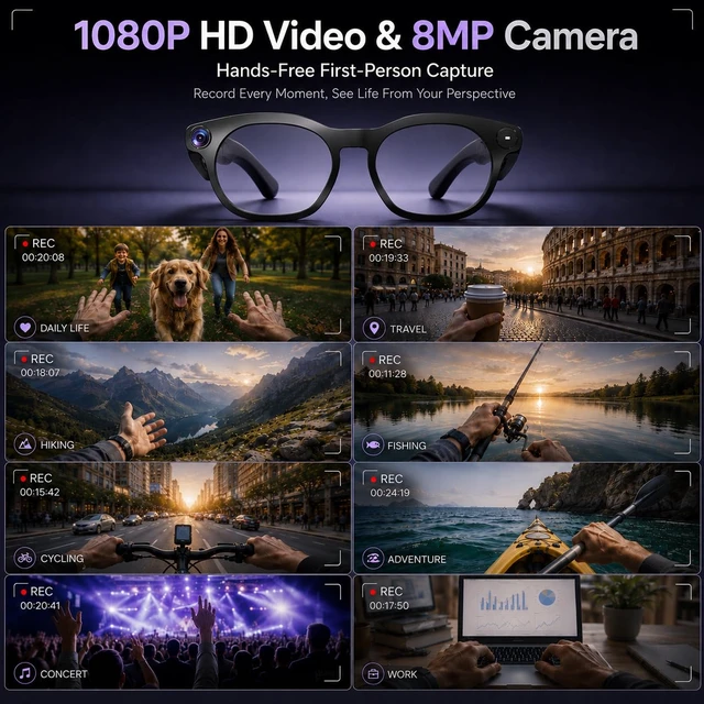 Alt view image 2 of 7 - AI Smart Glasses with Camera, 1080P HD Video, AI Assistant, Music 8MP Camera, 90 Mins Use, Photochromic Lenses, Lightweight 39g, Real-Time Translation, Hands-free calls, AI Object Recognition