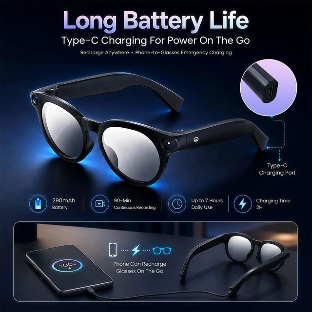 Alt view image 3 of 7 - AI Smart Glasses with Camera, 1080P HD Video, AI Assistant, Music 8MP Camera, 90 Mins Use, Photochromic Lenses, Lightweight 39g, Real-Time Translation, Hands-free calls, AI Object Recognition