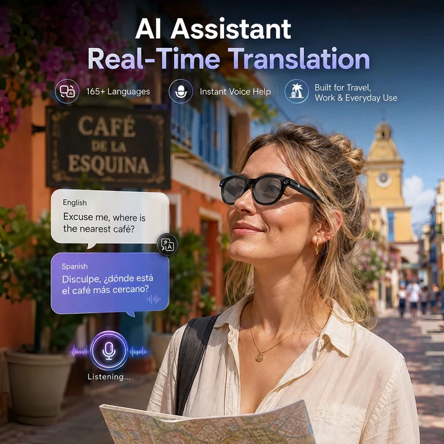Alt view image 5 of 7 - AI Smart Glasses with Camera, 1080P HD Video, AI Assistant, Music 8MP Camera, 90 Mins Use, Photochromic Lenses, Lightweight 39g, Real-Time Translation, Hands-free calls, AI Object Recognition