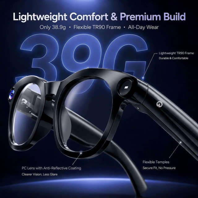 Alt view image 4 of 7 - AI Smart Glasses with Camera, 1080P HD Video, AI Assistant, Music 8MP Camera, 90 Mins Use, Photochromic Lenses, Lightweight 39g, Real-Time Translation, Hands-free calls, AI Object Recognition