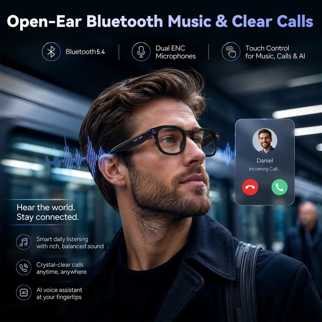 Alt view image 6 of 7 - AI Smart Glasses with Camera, 1080P HD Video, AI Assistant, Music 8MP Camera, 90 Mins Use, Photochromic Lenses, Lightweight 39g, Real-Time Translation, Hands-free calls, AI Object Recognition