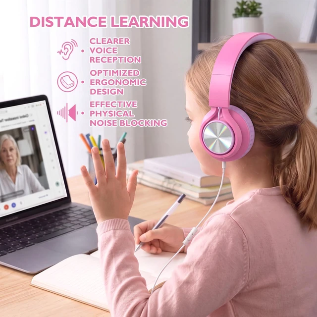 Alt view image 3 of 7 - Classroom Headphones Bulk 10 Pack with Microphone, Multicolor On-Ear Wired Kids Headphones for School with 3.5mm Jack for Library Online Learning,Chromebook, Tablet, Tangle-free Cord