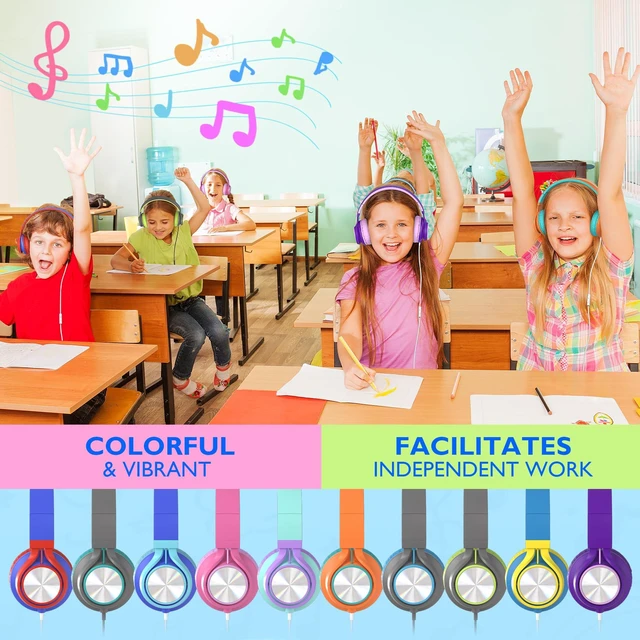 Alt view image 7 of 7 - Classroom Headphones Bulk 10 Pack with Microphone, Multicolor On-Ear Wired Kids Headphones for School with 3.5mm Jack for Library Online Learning,Chromebook, Tablet, Tangle-free Cord
