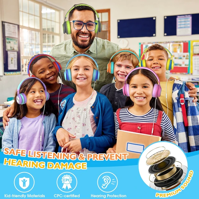 Alt view image 6 of 7 - Classroom Headphones Bulk 10 Pack with Microphone, Multicolor On-Ear Wired Kids Headphones for School with 3.5mm Jack for Library Online Learning,Chromebook, Tablet, Tangle-free Cord