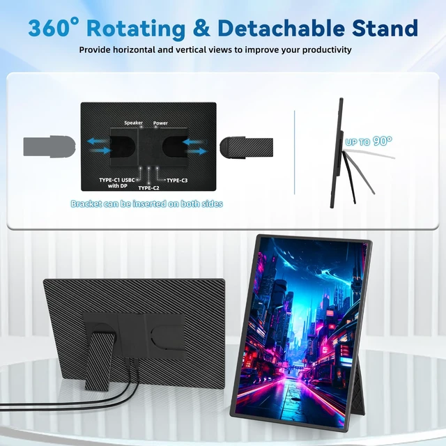 Alt view image 3 of 6 - 16" Portable Monitor Laptop Screen Extender 1200P FHD Travel Gaming Monitor USB-C HDMI Port External Display Screen with 360° Detachable Kickstand Compatible with Wins Mac Chrome Dex Phone