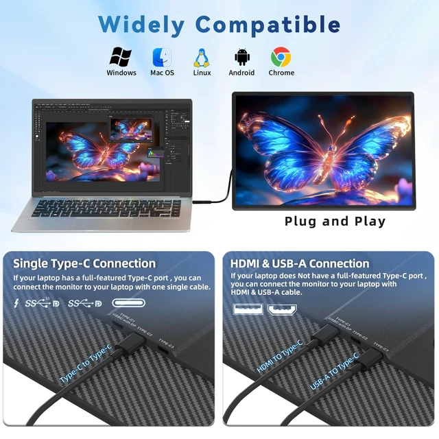 Alt view image 5 of 6 - 16" Portable Monitor Laptop Screen Extender 1200P FHD Travel Gaming Monitor USB-C HDMI Port External Display Screen with 360° Detachable Kickstand Compatible with Wins Mac Chrome Dex Phone