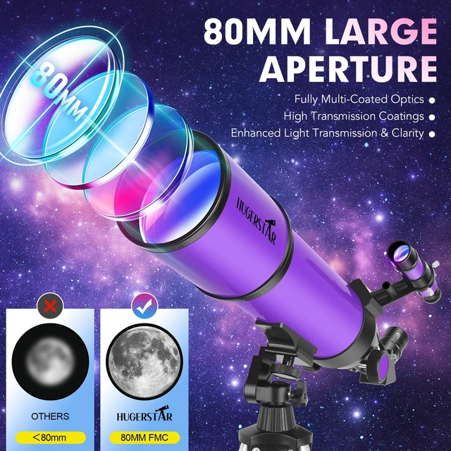 Alt view image 2 of 7 - Telescope, Telescope for Adults & Kids & Astronomy Beginners, 80mm Aperture 600mm Portable Refractor Telescopes FMC Optics with AZ Mount Tripod, Phone Adapter, Moon Filter and Carrying Bag