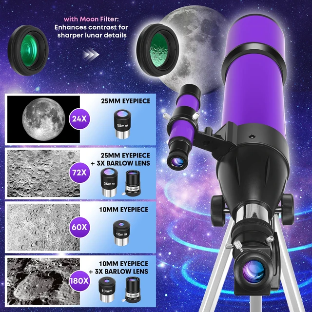 Alt view image 3 of 7 - Telescope, Telescope for Adults & Kids & Astronomy Beginners, 80mm Aperture 600mm Portable Refractor Telescopes FMC Optics with AZ Mount Tripod, Phone Adapter, Moon Filter and Carrying Bag