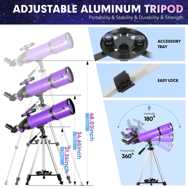 Alt view image 4 of 7 - Telescope, Telescope for Adults & Kids & Astronomy Beginners, 80mm Aperture 600mm Portable Refractor Telescopes FMC Optics with AZ Mount Tripod, Phone Adapter, Moon Filter and Carrying Bag