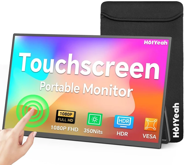 Main image of 15.6" Portable Monitor Touchscreen, 1080P 10-Point Touch Portable Monitor 1500:1 USB-C HDMI Travel Screen w/ Sleeve Bag & Speaker, 2nd External Display for Laptop Mac PC Phone Tablet, VESA Mountable