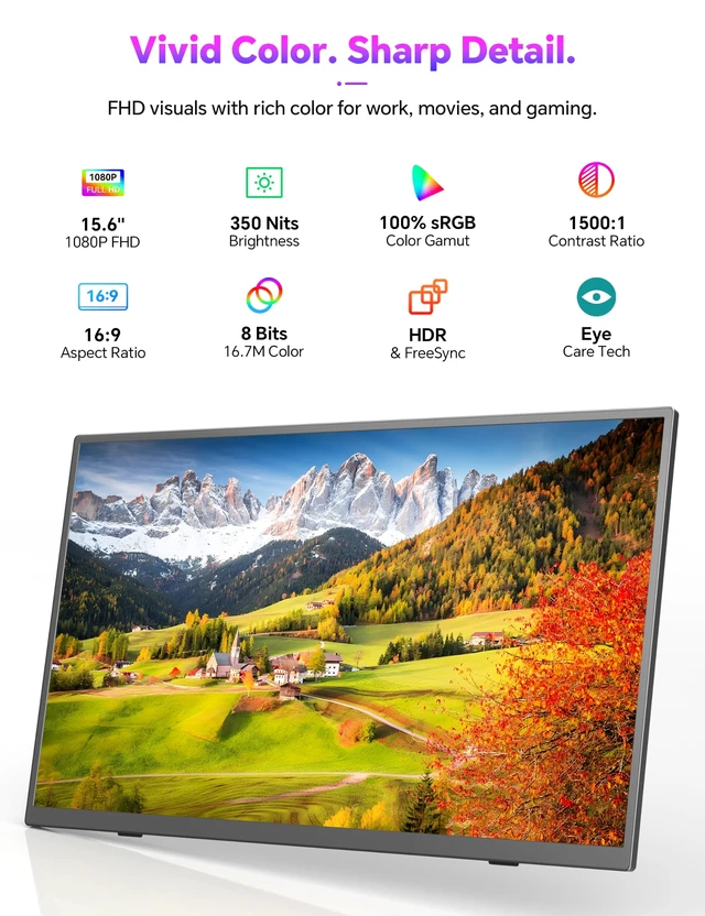 Alt view image 4 of 7 - 15.6" Portable Monitor Touchscreen, 1080P 10-Point Touch Portable Monitor 1500:1 USB-C HDMI Travel Screen w/ Sleeve Bag & Speaker, 2nd External Display for Laptop Mac PC Phone Tablet, VESA Mountable