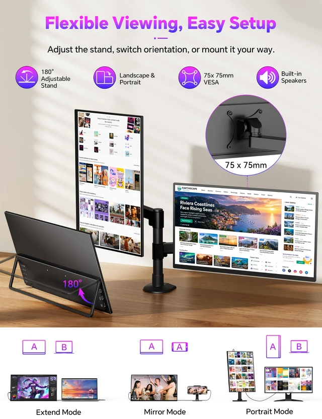 Alt view image 7 of 7 - 15.6" Portable Monitor Touchscreen, 1080P 10-Point Touch Portable Monitor 1500:1 USB-C HDMI Travel Screen w/ Sleeve Bag & Speaker, 2nd External Display for Laptop Mac PC Phone Tablet, VESA Mountable