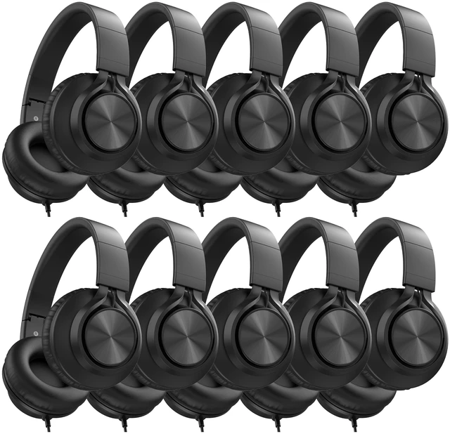 Main image of 10-Pack Kids Headphones with Microphone for Classroom, Black K-12 School Students Use, Online Learning & Library, 3.5mm Jack, Durable, Foldable, Comfortable, Chromebook & Computer
