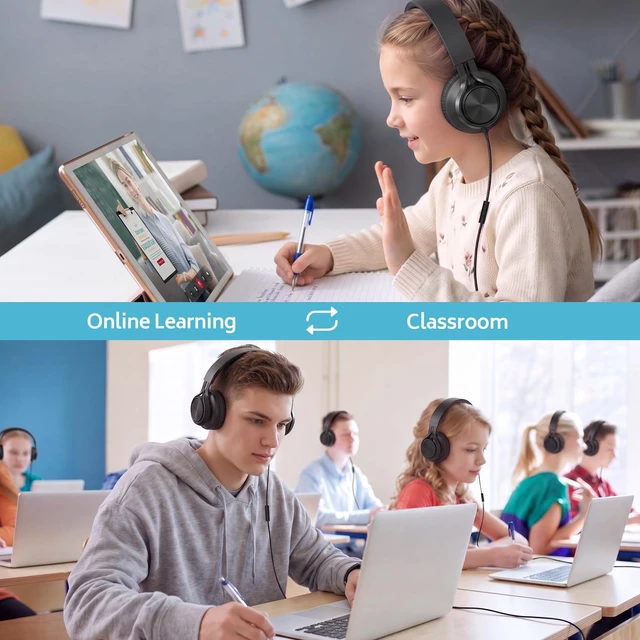 Alt view image 2 of 7 - 10-Pack Kids Headphones with Microphone for Classroom, Black K-12 School Students Use, Online Learning & Library, 3.5mm Jack, Durable, Foldable, Comfortable, Chromebook & Computer