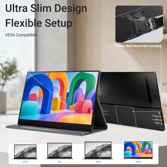 Alt view image 6 of 7 - Portable Monitor for Laptop,15.6'' 1080P, with Magnetic Case 1080P 1.44lbs Ultra-slim Travel Monitor, USB C Mini HDMI for Mac,mini PC,Built-in speakers,VESA-ready,Easy to Carry