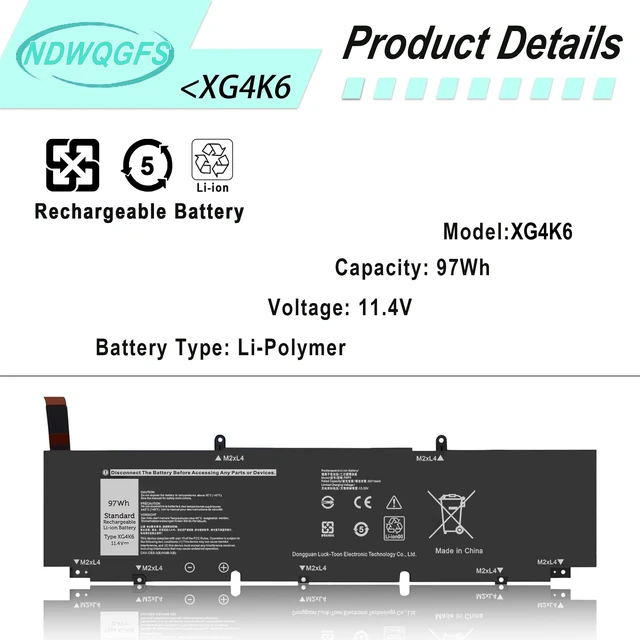 Alt view image 2 of 7 - XG4K6 Laptop Battery Replacement for Dell XPS 17 9700 9710 9720 9730 & Precision 5750 5760 5770 Series dell xps 17 9700 Battery Compatible with P92F, 01RR3, F8CPG, KVPMY