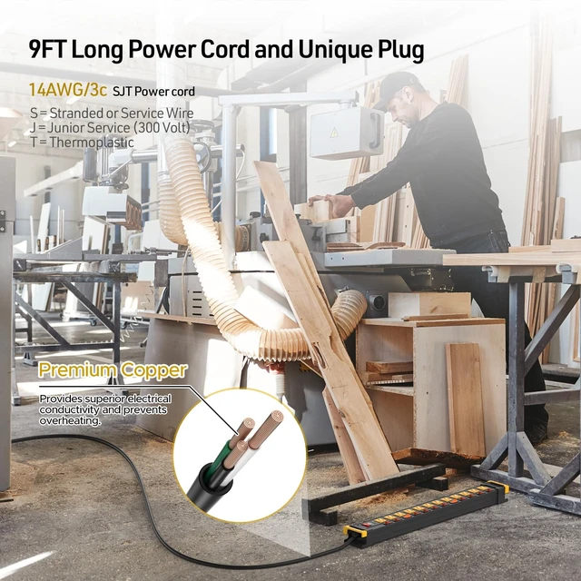 Alt view image 7 of 7 - 12-Outlet Heavy Duty Power Strip with Individual Switches 9FT Cord 15A/1875W, Wide Spacing for Bulky Plugs, 1020J Surge Protector Power Strip with Cable Management for Garage Home Workshop