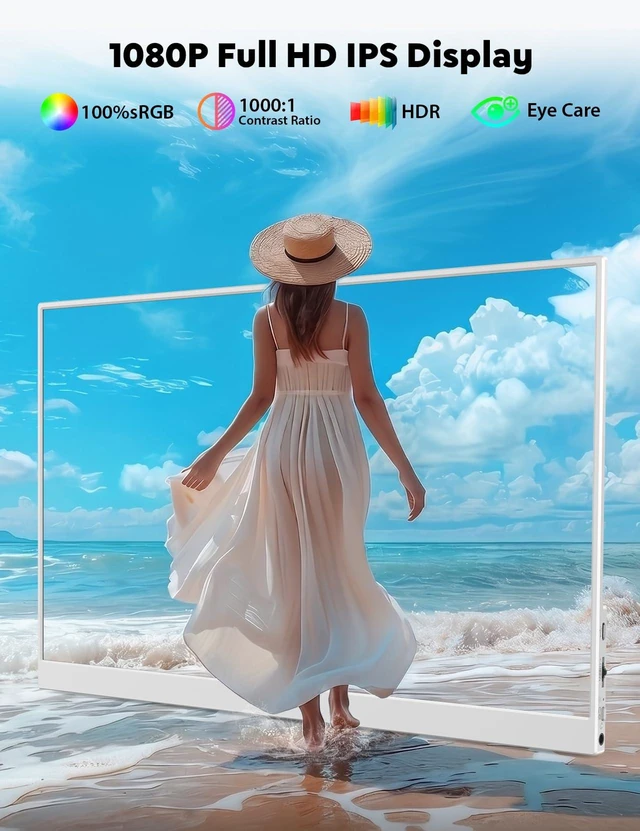 Alt view image 2 of 7 - Portable Monitor 15.6", FHD 1080P 100% sRGB White Laptop Monitor with Adjustable Stand, Ultra Slim Travel Monitor with Eye Protection, Plug and Play for Laptop/PC/Mac/Android/PS5