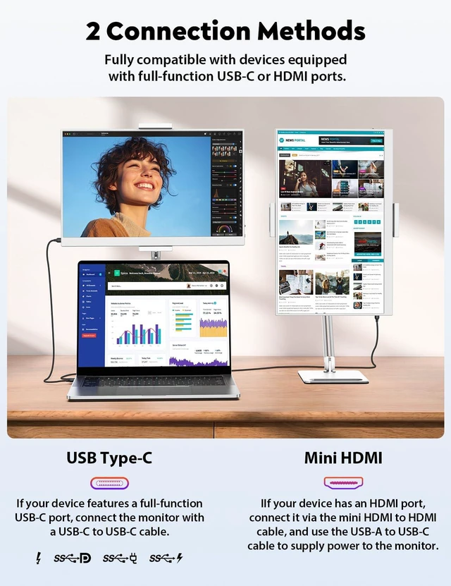 Alt view image 6 of 7 - Portable Monitor 15.6", FHD 1080P 100% sRGB White Laptop Monitor with Adjustable Stand, Ultra Slim Travel Monitor with Eye Protection, Plug and Play for Laptop/PC/Mac/Android/PS5