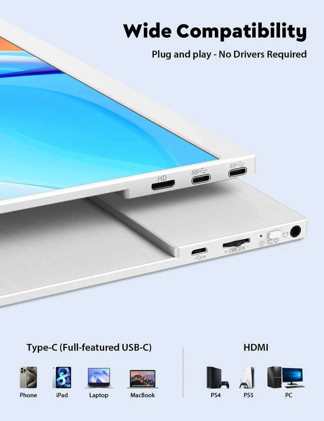 Alt view image 7 of 7 - Portable Monitor 15.6", FHD 1080P 100% sRGB White Laptop Monitor with Adjustable Stand, Ultra Slim Travel Monitor with Eye Protection, Plug and Play for Laptop/PC/Mac/Android/PS5