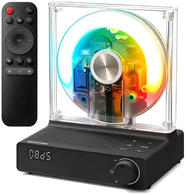Main image of Desktop CD Player for Home, Bluetooth 5.4, FM Radio, Black Transparent disc display with ambient lighting, sleep timer, speakers, USB and AUX for bedrooms, dorms and K-pop collections