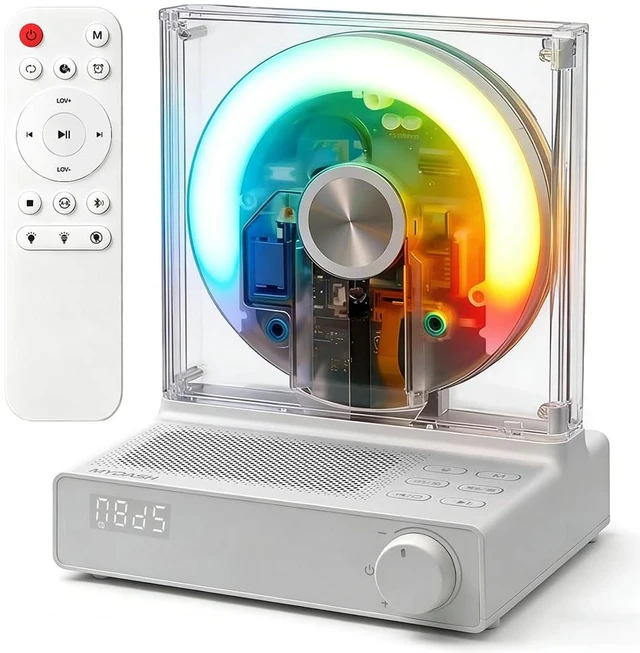 Main image of Retro Bluetooth CD Player for Home with Speakers, Remote, USB, AUX Rechargeable Type-C design, visible disc window, FM radio, sleep timer, gift-ready style for bedroom, dorm, and desk setups
