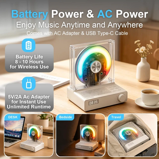 Alt view image 5 of 7 - Retro Bluetooth CD Player for Home with Speakers, Remote, USB, AUX Rechargeable Type-C design, visible disc window, FM radio, sleep timer, gift-ready style for bedroom, dorm, and desk setups