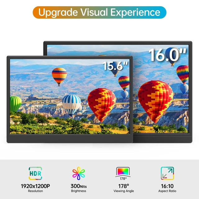 Alt view image 2 of 7 - 16" Portable Monitor FHD 1200P HDMI/USB-C Plug Travel External Monitor Ultra-Slim IPS Display, Dual Speakers, Foldable Stand, VESACompatible, For Laptops, PCs, Phones & Gaming Box