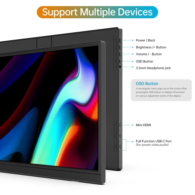 Alt view image 5 of 7 - 16" Portable Monitor FHD 1200P HDMI/USB-C Plug Travel External Monitor Ultra-Slim IPS Display, Dual Speakers, Foldable Stand, VESACompatible, For Laptops, PCs, Phones & Gaming Box
