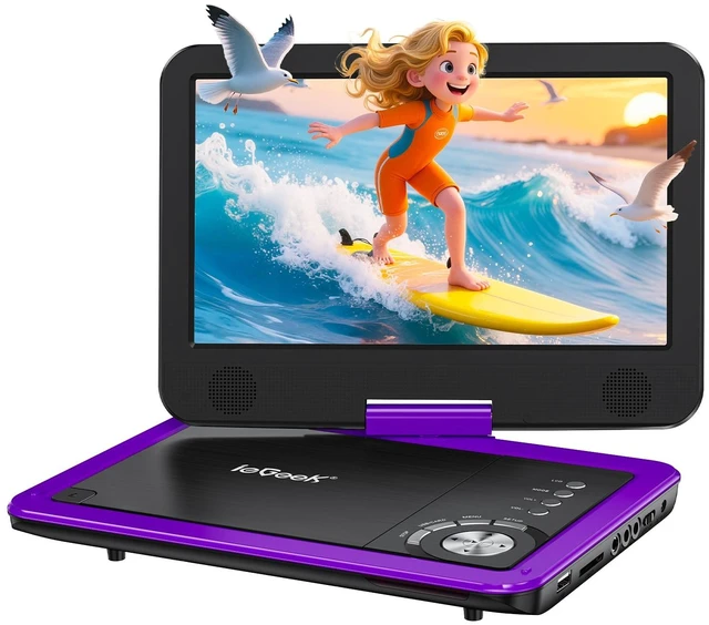 Main image of 12.5" Portable DVD Player with 10.5" HD Swivel Screen, Purple For Kids, Home Use & Road Trips, No Region Restriction, 5 Hrs Rechargeable Battery, Remote Control, Sync to TV, USB & SD