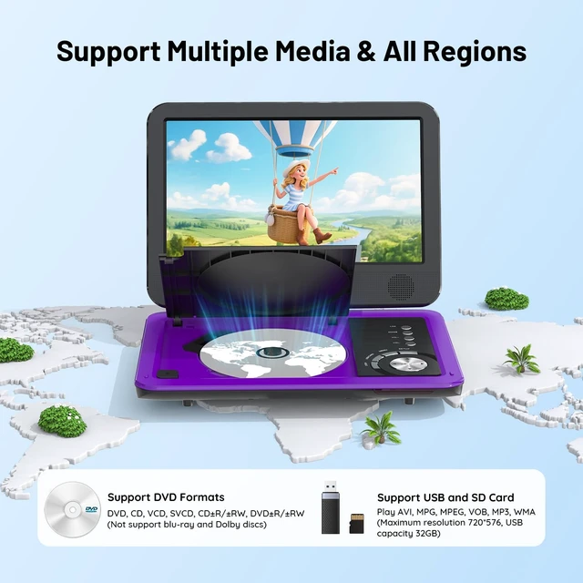 Alt view image 2 of 7 - 12.5" Portable DVD Player with 10.5" HD Swivel Screen, Purple For Kids, Home Use & Road Trips, No Region Restriction, 5 Hrs Rechargeable Battery, Remote Control, Sync to TV, USB & SD