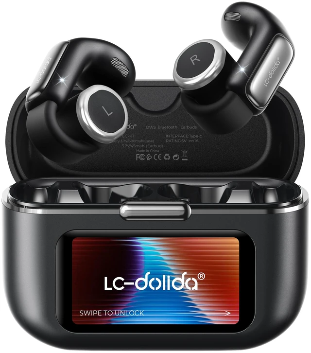 Main image of Open-Ear Wireless Earbuds with Smart LED Display Case, Clip On Earbuds All-Day Comfort & Situational Awareness, Case Control for Volume, EQ, Music, Find My Earbuds & Camera, Timer (Black)