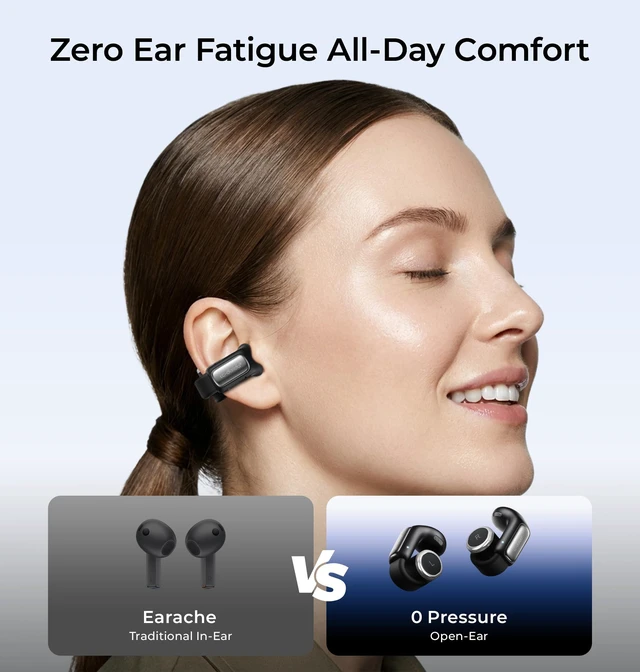 Alt view image 2 of 7 - Open-Ear Wireless Earbuds with Smart LED Display Case, Clip On Earbuds All-Day Comfort & Situational Awareness, Case Control for Volume, EQ, Music, Find My Earbuds & Camera, Timer (Black)