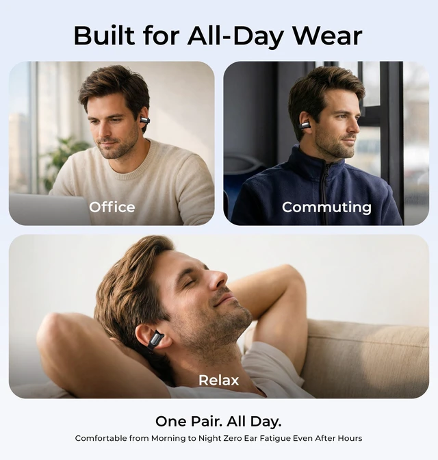 Alt view image 4 of 7 - Open-Ear Wireless Earbuds with Smart LED Display Case, Clip On Earbuds All-Day Comfort & Situational Awareness, Case Control for Volume, EQ, Music, Find My Earbuds & Camera, Timer (Black)