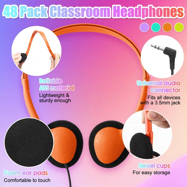 Alt view image 2 of 7 - 48 Pack Headphones for Classroom,Classic,Blue, Purple, Orange, Yellow