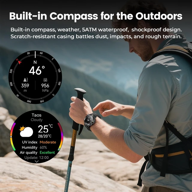 Alt view image 3 of 7 - Outdoor Smart Watch for Men, 1.43" AMOLED,5ATM Waterproof,170+ Sports Modes Round Health Fitness Tracker Watch, Tactical Military Smartwatch Compatible with iPhone Android