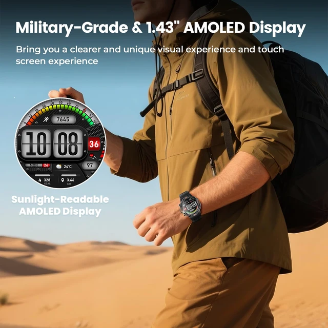 Alt view image 6 of 7 - Outdoor Smart Watch for Men, 1.43" AMOLED,5ATM Waterproof,170+ Sports Modes Round Health Fitness Tracker Watch, Tactical Military Smartwatch Compatible with iPhone Android
